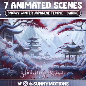 Peut inclure: Scène d'art numérique animée d'un temple et d'un sanctuaire japonais enneigés. L'image présente une architecture traditionnelle, des arbres enneigés aux feuilles rouges et un arrière-plan montagneux. Le texte en haut indique "7 Scènes Animées" et "Temple japonais d'hiver enneigé - Sanctuaire". Les mots "Bientôt disponible" sont également visibles.
