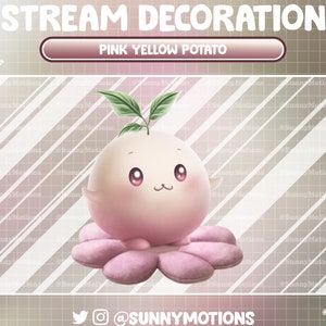May include: A pink and white cartoon character with a green sprout on top, sitting on a pink flower. The character has large eyes and a small mouth. The background is a light pink and white grid pattern. The text "STREAM DECORATION" and "PINK YELLOW POTATO" is at the top of the image. The text "@SUNNYMOTIONS" is at the bottom of the image.