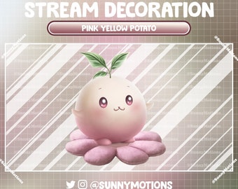 3 animierte Stream Dekoration: Ästhetische niedliche rosa gelbe Kartoffel, grüne Pflanze, weiches Kissen Spielzeug, warmes Haus, Lo-Fi-Spiel PC Schreibtisch Twitch Overlay