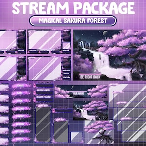 ANIMATED Twitch Stream Overlay Package: Lo-fi Cozy Spring Sakura Starry Night, Magic Waterfall In Pink Cherry Blossom Forest Alerts, Panels