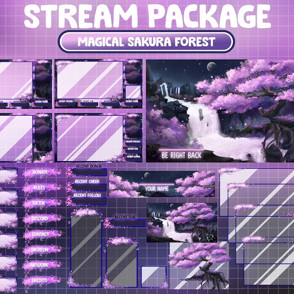 Forfait ANIMÉ en superposition de flux Twitch : nuit étoilée Sakura printanière confortable Lo-fi, cascade magique dans une forêt de cerisiers en fleurs roses, panneaux