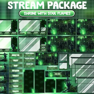 Peut inclure: Ensemble de panneaux de diffusion Twitch vert et noir sur le thème du sanctuaire japonais. Le pack comprend des superpositions, des panneaux, des alertes et plus encore. Le design présente un fond vert avec un motif de grille, un sanctuaire japonais et des lumières vertes brillantes.