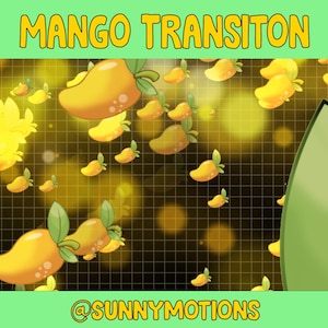 Op de afbeelding: Een digitale animatie van gele mango's die vallen tegen een gouden en zwarte rasterachtergrond met een groen blad in de hoek. De tekst "MANGO TRANSITON" staat bovenaan de afbeelding en de tekst "@SUNNYMOTIONS" staat onderaan de afbeelding.