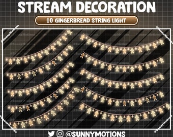 10 hombres de pan de jengibre luces de cadena decoración de transmisión de fiesta, estética lo-fi naranja cálida feliz Navidad Kawaii Navidad fiesta nocturna Twitch Overlay