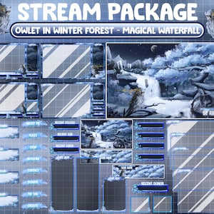 ANIMATED Twitch Stream Overlay Package / Magical Waterfall / Blue Sakura Cherry Blossom / Aesthetic Japan /Spirit Owlet In The Winter Forest