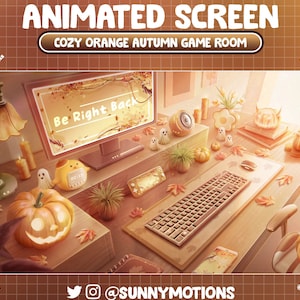 Écran de diffusion Twitch ANIMÉ : salle d&#39;installation de jeu d&#39;automne confortable et esthétique, matin de Noël, citrouille, feuille d&#39;érable, canard, plante sur un bureau Lo-fi