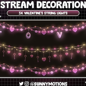 Animerad strömdekoration: Estetisk glödande hjärta för alla hjärtans dag-ljusslinga, nyckel, romantiska rosor, kärleksnattfest, kvinnodag, Twitch-överlägg