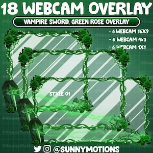 Puede incluir: Un diseño de superposición de webcam verde con el texto "18 WEBCAM OVERLAY" y "VAMPIRE SWORD, GREEN ROSE OVERLAY". El diseño incluye rosas verdes, enredaderas e ilustraciones de ataúdes. La superposición es para webcams 16x9, 4x3 y 1x1.