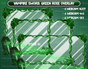 Animated Green Black Gothic Vampire Twitch Webcam Overlay, Halloween Haunted House, Rose Bat Sword Decoration Webcam Border Camera Stream