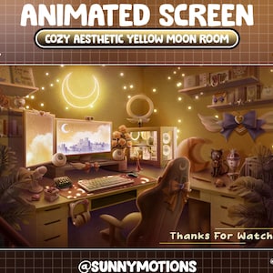 ANIMATED Twitch Stream Screen: Aesthetic Cozy Moon Girl Game Set Up Room, Angle Wing, Neon Yellow Summer Night, Rose, Plant Heart Violet Bow