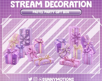 May include: A collection of pastel purple gift boxes with bows and stars. The boxes are arranged in a pile on a purple and white checkered background. The text "STREAM DECORATION PASTEL PARTY GIFT BOX" is at the top of the image.