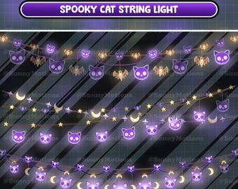 6 Animated Stream Decoration: Aesthetic Spooky Cat String Light Twitch Overlay, Halloween Night, Twinkle Light, Cozy Bat Chains Vtuber-Asset