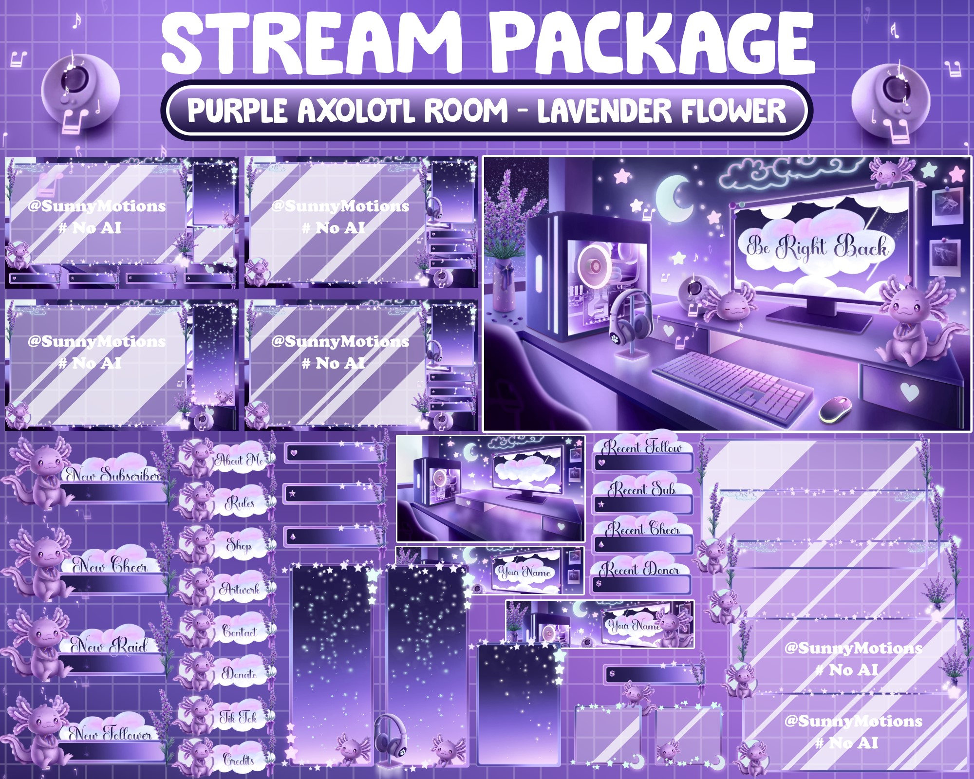 Paquete ANIMADO de transmisión superpuesta de Twitch: Ajolote púrpura estético de baja fidelidad, planta de flor de lavanda, alerta de escena de sala de juegos romántica de noche fría