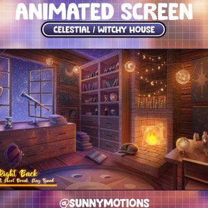 Może przedstawiać: Cyfrowa ilustracja przytulnego, słabo oświetlonego pokoju z kominkiem, regałami na książki i teleskopem. Pokój jest ozdobiony elementami niebieskimi i magicznymi, w tym gwiazdami, księżycami i kryształami. Tekst "Be Right Back Taking A Short Break. Stay Tuned" jest wyświetlany na dole obrazu. Tekst "@SUNNYMOTIONS" jest wyświetlany w prawym dolnym rogu obrazu.