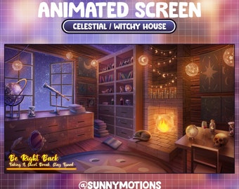ANIMATED Twitch Stream Screen / Celestial Witchy House Overlay / Gold Moon Star / Spooky / Kitty Cat / Crystal / Emerald / Elegant / Magical