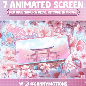 Puede incluir: Pantalla de tel&eacute;fono animada con fondo rosa y azul. La pantalla muestra un zorro blanco caminando a trav&eacute;s de una puerta torii roja y blanca. El tel&eacute;fono est&aacute; rodeado de flores de cerezo rosas y una m&aacute;scara kitsune rosa.