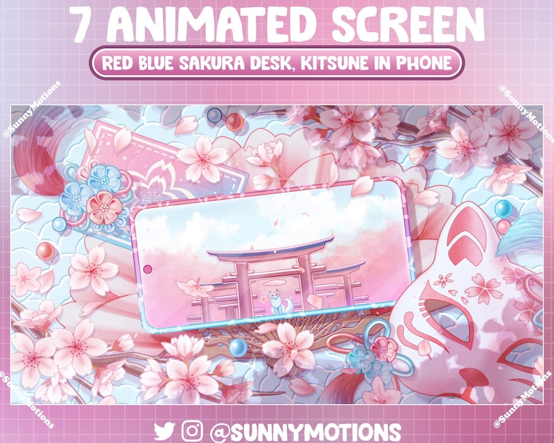 Puede incluir: Pantalla de tel&eacute;fono animada con fondo rosa y azul. La pantalla muestra un zorro blanco caminando a trav&eacute;s de una puerta torii roja y blanca. El tel&eacute;fono est&aacute; rodeado de flores de cerezo rosas y una m&aacute;scara kitsune rosa.
