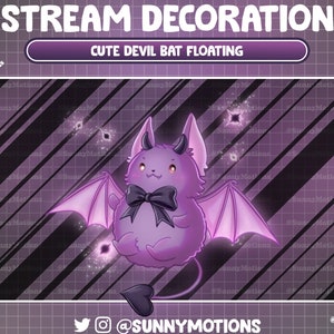 May include: A purple cartoon devil bat with black horns and a black bow tie floats against a purple and black striped background. The bat has large, round eyes and a small, pink nose. The background is a grid pattern with a white border.