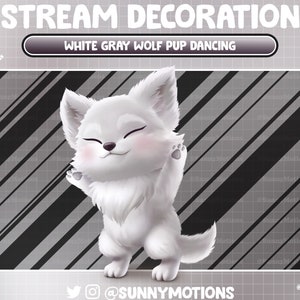 May include: A white wolf pup with closed eyes and a happy expression is dancing on a black and white striped background. The text "STREAM DECORATION" and "WHITE GRAY WOLF PUP DANCING" is at the top of the image. The text "@SUNNYMOTIONS" is at the bottom of the image.