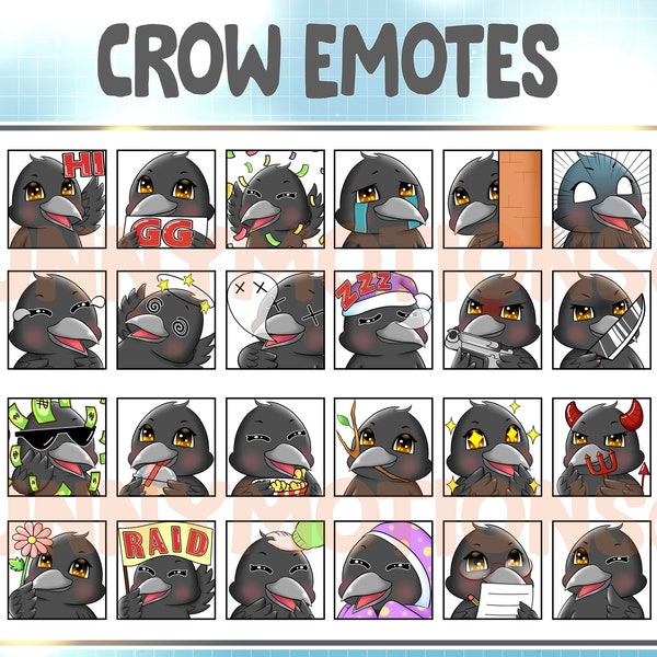 Cute Kawaii Black Crows Twitch Discord Emotes / Raven Emoji / Subscriber Loyalty Sub Bit Badge / Channel Points / Bird Stream Overlay Bundle