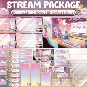 Pacote de transmissão de sobreposição de Twitch ANIMADO / Casa de arco-íris estética Lo-fi / Sala de jogos aconchegante e relaxante / Flor de margarida Axolotl fofa Dia dos Namorados