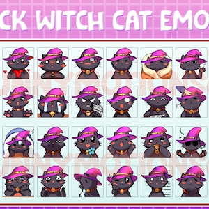 Paquete de 32 emoticones de Twitch Discord: Gato Brujo Negro, Gatito, Emoticones de Stream, Gato Brujo con Sombrero, Emoji Kawai, Emoticón de Gatito Chibi Lindo, Negro