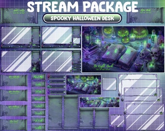 May include: A spooky Halloween themed Twitch stream package with a variety of panels, including a 'Be Right Back' panel, a 'New Host' panel, and a 'New Subscriber' panel. The panels are decorated with a spooky Halloween theme, including pumpkins, skulls, and candles.