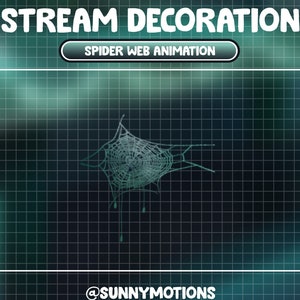 May include: A white spider web animation with dripping drops of liquid, set against a dark green grid background. The text "SPIDER WEB ANIMATION" is displayed in a white rectangle at the top of the image. The text "@SUNNYMOTIONS" is displayed at the bottom of the image.