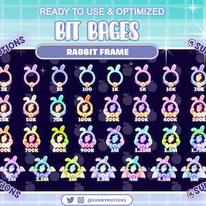 Puede incluir: Un conjunto de 20 insignias de bits animadas de colores con un conejo sosteniendo una fresa. Las insignias están diseñadas para streamers de Twitch y YouTube y están listas para usar y optimizadas. Las insignias son de varios colores y presentan diferentes números de bits, desde 2K hasta 5M.
