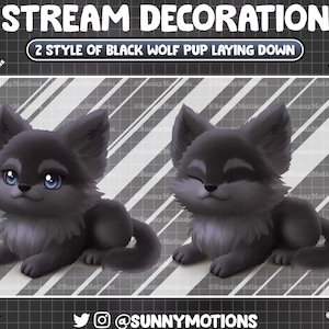 May include: Two black wolf pup illustrations in a lying down position. The wolf pup on the left has its eyes open and is looking to the right. The wolf pup on the right has its eyes closed and is smiling. Both wolf pups have a gray background with white stripes.