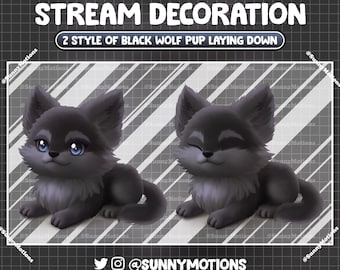 Animated Stream Decoration: Aesthetic Cute Black Wolf Pup Laying Down, Baby Wolf Cub Twitch Overlay, Animals Wild Forest Spirit Vtuber Asset