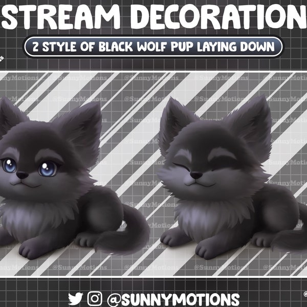 Animated Stream Decoration: Aesthetic Cute Black Wolf Pup Laying Down, Baby Wolf Cub Twitch Overlay, Animals Wild Forest Spirit Vtuber Asset