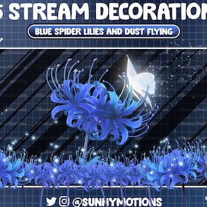 Decoración de transmisión animada: Flor estética de lirios araña azules, raíz floral Linda noche estrellada Sala de juegos Polvo ligero volando Superposición de Twitch