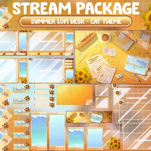 Superposition animée du paquet Twitch Stream : bureau Lo-fi rétro, orange jaune, été / esthétique cosy sur le thème du chat / fleur de tournesol / café chaton