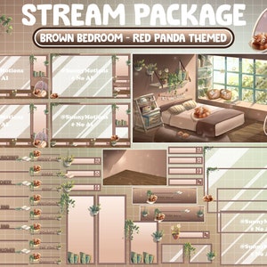 Paquete ANIMADO COMPLETO de Twitch Stream: Acogedor dormitorio de café marrón con sueño de panda rojo, sala de lectura de libros, amante de las macetas colgantes, temporada de otoño