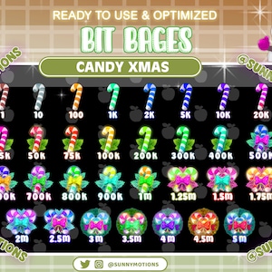 May include: A set of 20 colorful candy cane themed Twitch bit badges for streamers. The badges feature different amounts of bits, from 1 to 5 million. The badges are designed in a Christmas theme with candy canes, bows, and holly.