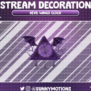 May include: A purple and black clock with devil wings, a triangular frame, and a pendulum. The clock is set against a purple and white striped background. The text "DEVIL WINGS CLOCK" is displayed above the clock.