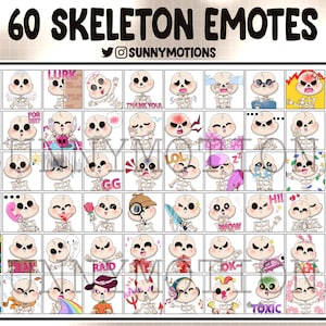 60 Cute Skeleton Twitch Emotes Bundle, Discord, Streamer, Kawai Funny Halloween Skull Emoji, Scary Night Subscriber Loyalty Sub Bit Badge