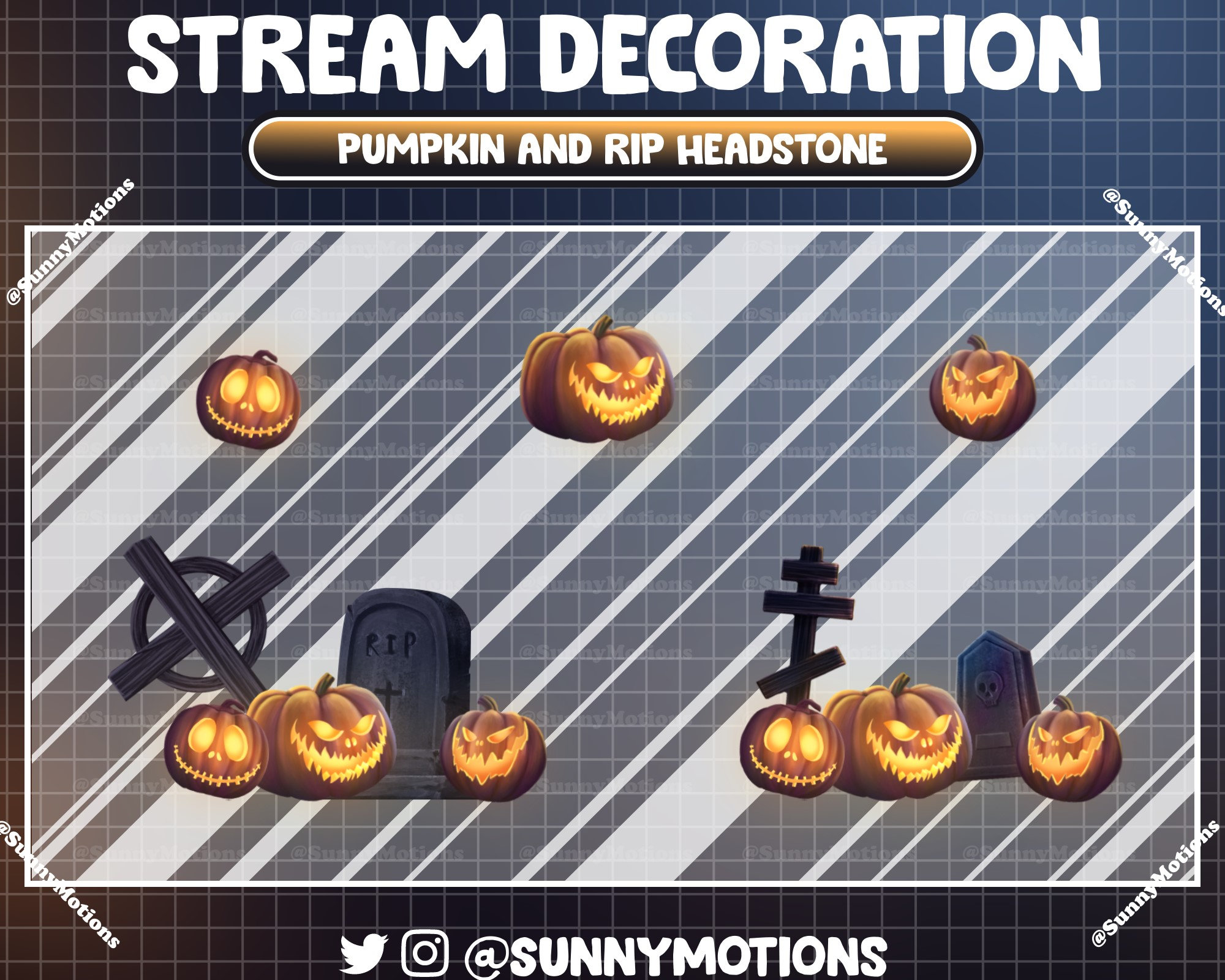 5x Animated Horror Pumpkin Stream Decoration, Rip Headstone Twitch Overlay, Spooky Witchy Halloween Tombstone For Streamers, OBS, Streamlabs