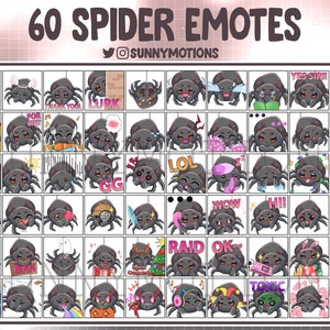 60 個のかわいいクモの Twitch 絵文字バンドル、Discord、ストリーマー、かわいいハロウィーンの小さなクモの絵文字、怖い夜の加入者ロイヤルティ サブビット バッジ
