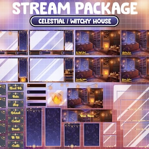 FULL ANIMATED Twitch Stream Package / Celestial Witchy House Overlay / Gold Moon Star / Spooky / Kitty Cat / Crystal / Alerts Panels Screen