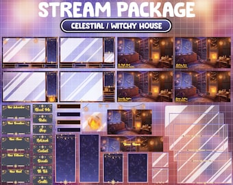 FULL ANIMATED Twitch Stream Package / Celestial Witchy House Overlay / Gold Moon Star / Spooky / Kitty Cat / Crystal / Alerts Panels Screen