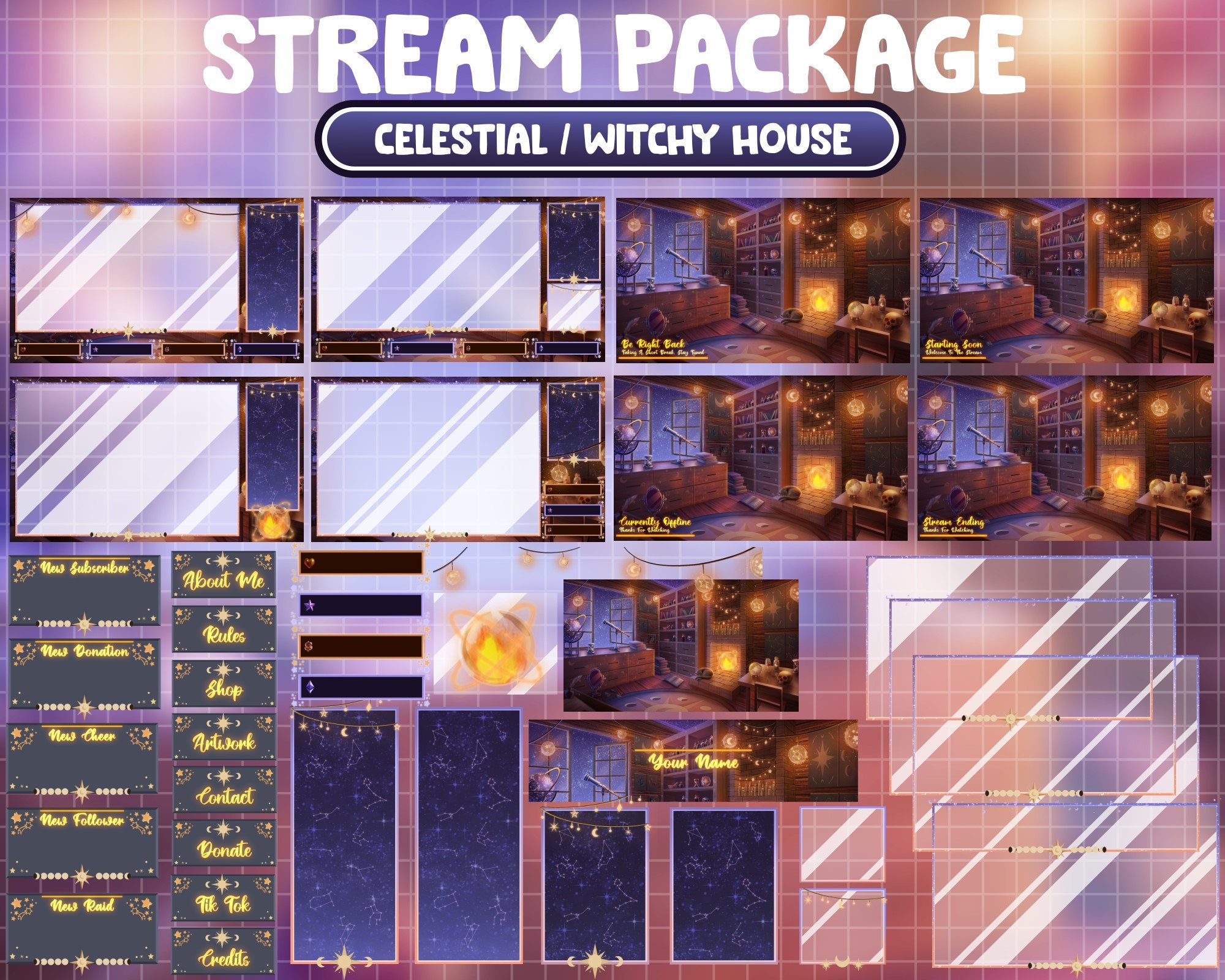 FULL ANIMATED Twitch Stream Package / Celestial Witchy House Overlay ...