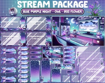 ANIMATED Stream Package: Blue Purple PC Game Room Twitch Overlay, Galaxy Owlet Iris Flower, Bird Starry Night, Crescent Moon, Star, Clouds