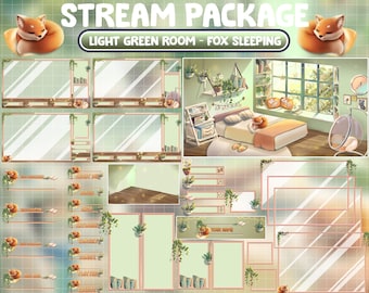 FULL ANIMATED Twitch Stream Package / Love Cozy Light Green Bedroom With Orange Fox Sleep/ Read Book Room / Plant Lover Fall / Spring Season