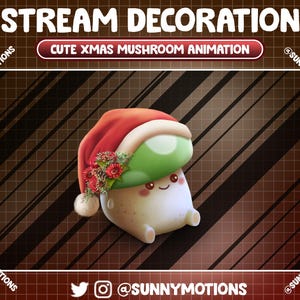 May include: A cute cartoon mushroom wearing a red Santa hat with white trim and green and red holly. The mushroom has a white body and a green cap with a happy face. The background is a brown and red grid pattern.