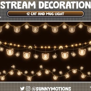 May include: Three rows of glowing string lights with alternating cat and mug shapes. The lights are gold and white and the text "12 CAT AND MUG LIGHT" is at the top of the image.