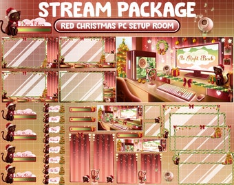 ANIMATED Twitch Overlay Stream Package / Lo-fi Aesthetic Merry Christmas / Retro Xmas Tree House / PC Set Up Room / Winter Black Cat Alerts