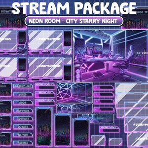 Superposición del paquete de transmisión animada de Twitch: Cyberpunk Futuristic Neon Game Room / Glitch Sci Fi Retro Starry Night Motor City / Detroit Skyline