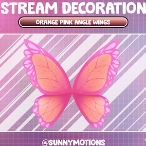 May include: Digital illustration of orange and pink angle wings, set against a gradient background. The wings feature detailed vein patterns and are outlined in a darker pink. Text at the top reads "STREAM DECORATION" and "ORANGE PINK ANGLE WINGS".
